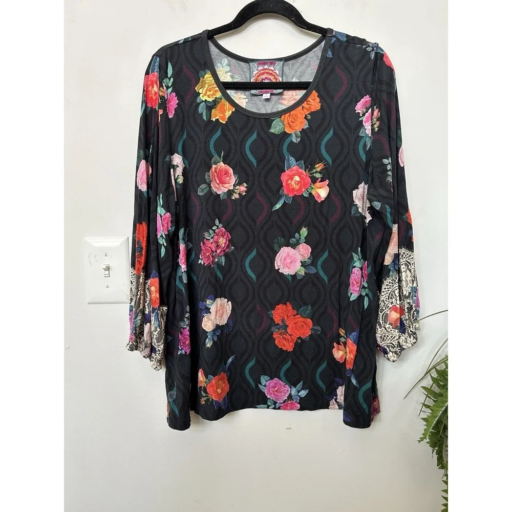 Johnny Was Rose Lace Puff Sleeve Top XL Black Geometric Floral Boho Blouse Tunic